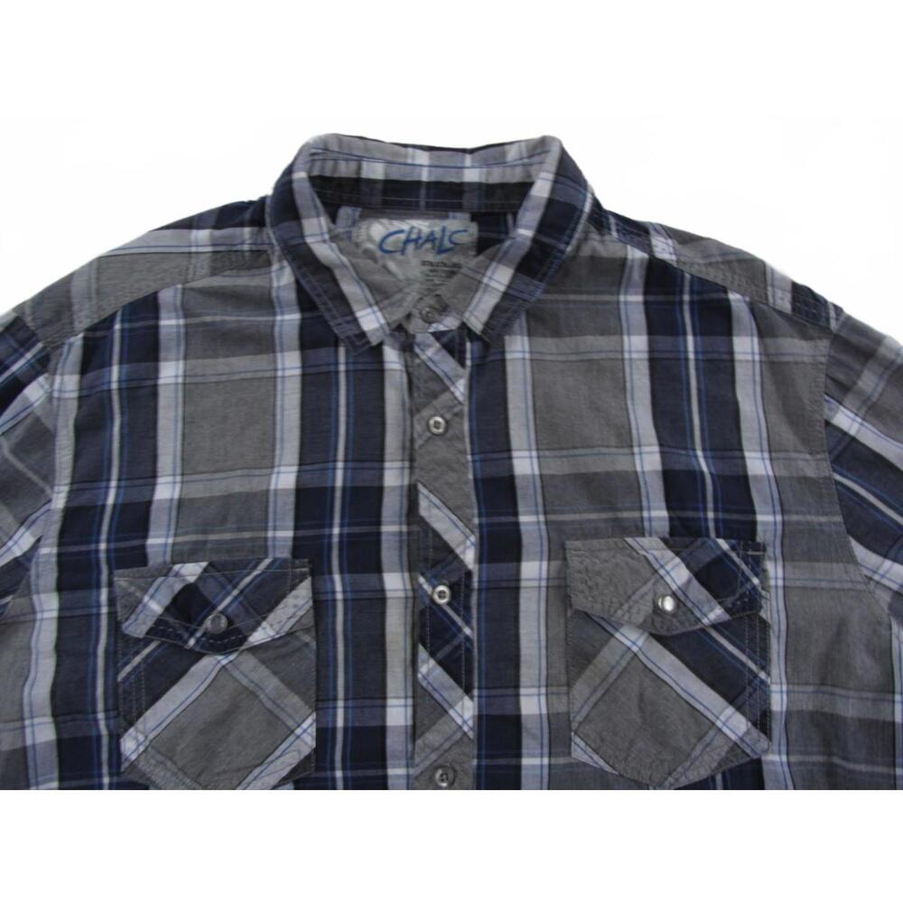 Chalc Men's Button Up Gray & Blue Plaid Casual Western Dress Shirt XL